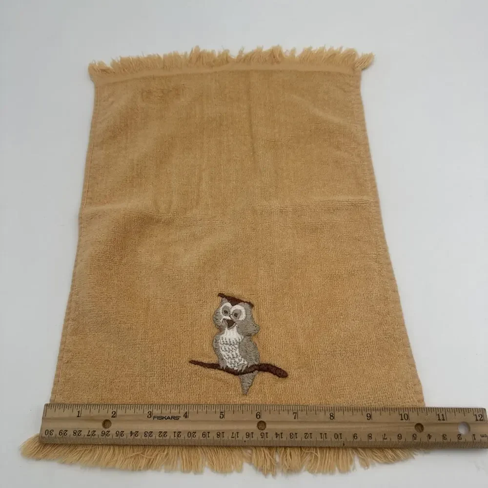 2 Vintage Martex Hand Towels Fringe 100% Cotton Brown Yellow Owls